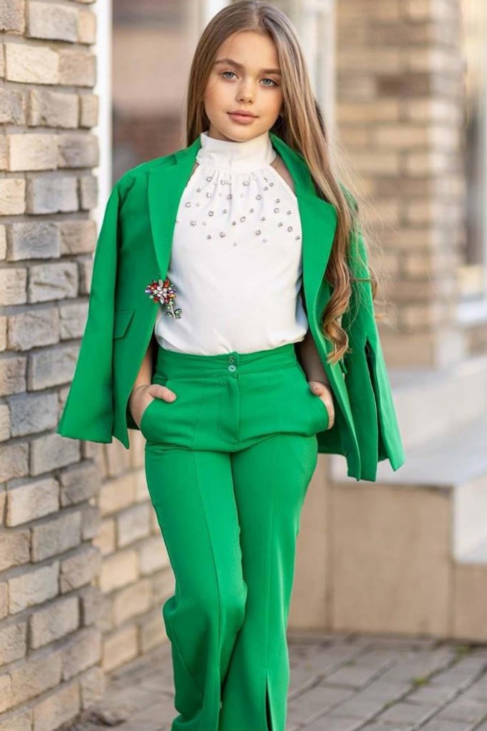 Kız Çocuk Halter Yaka İnci Ve Taş İşlemeli Bluz Ve Broşlu Yeşil Alt Üst Takım