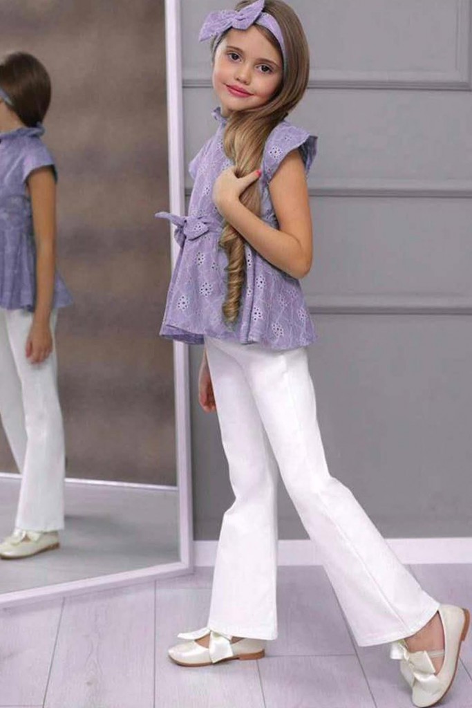 Kız Çocuk İspanyol Paça Pantolon Çiçek Dantel Baskılı Bluz Lila Alt Üst Takım