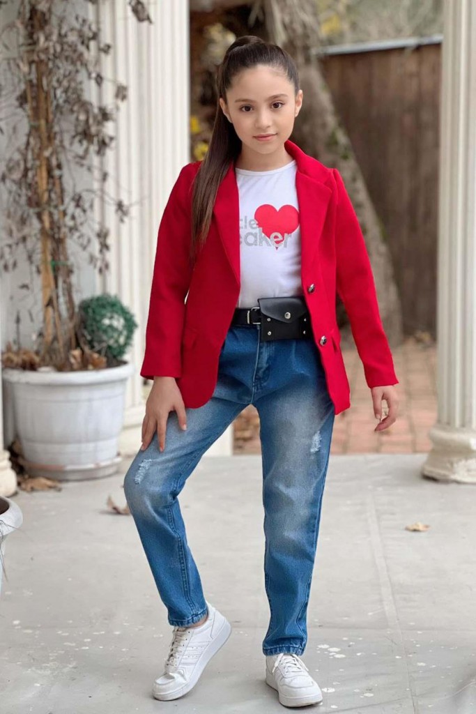 Kız Çocuk Kalp Ve Little Baskılı Tişört Ve Jean Kırmızı Blazer Ceket Alt Üst Takım