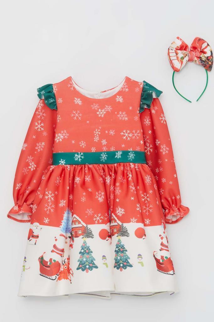 Kız Çocuk Kar Tanesi Desenli Kolları Fırfırlı Noel Baskılı Kırmızı Elbise