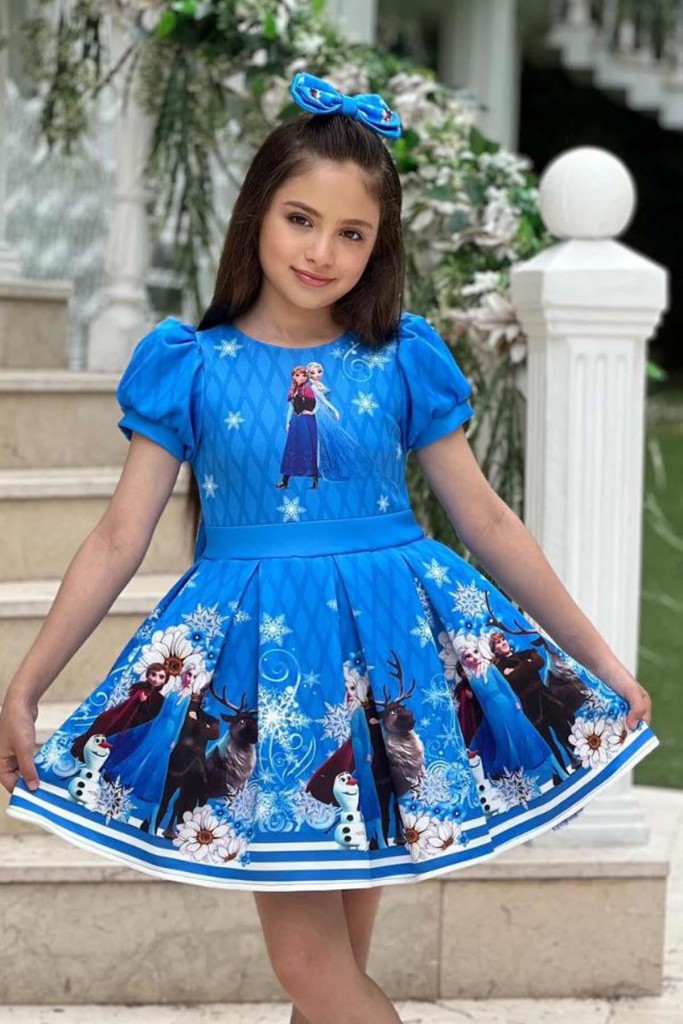 Kız Çocuk Karlar Prensesi Elsa Baskılı Mavi Elbise
