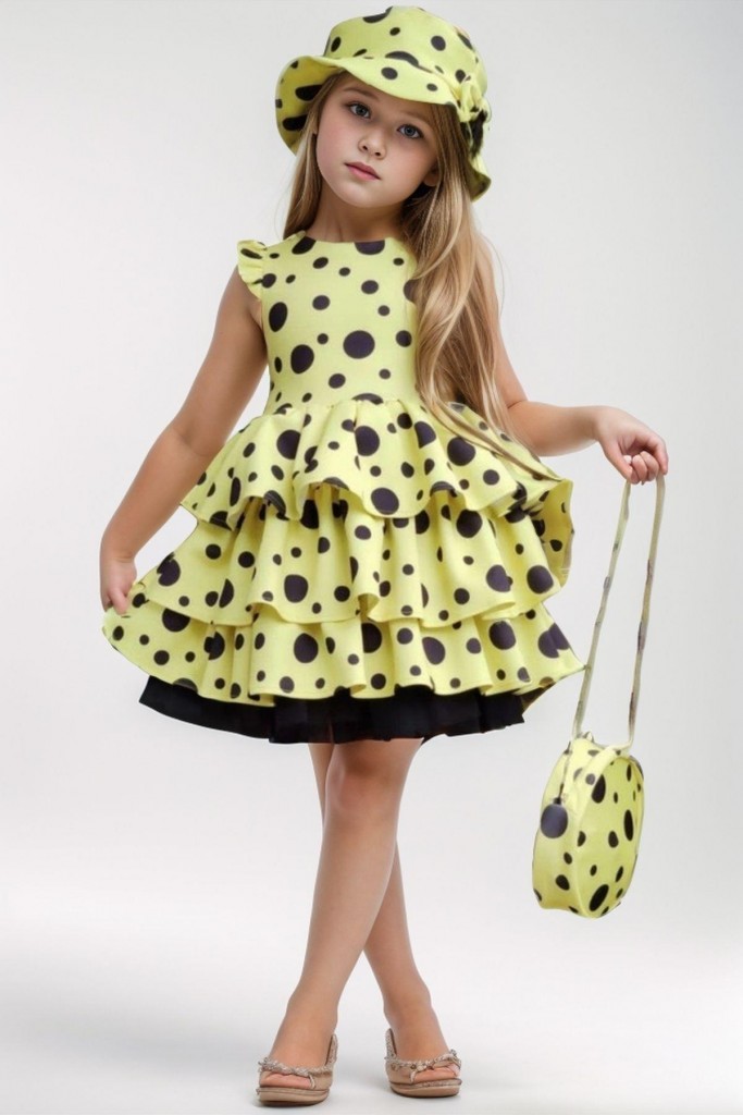 Kız Çocuk Kat Kat Fırfırlı Etek Ucu Tüllü Üzeri Üzeri Benekli Sarı Elbise