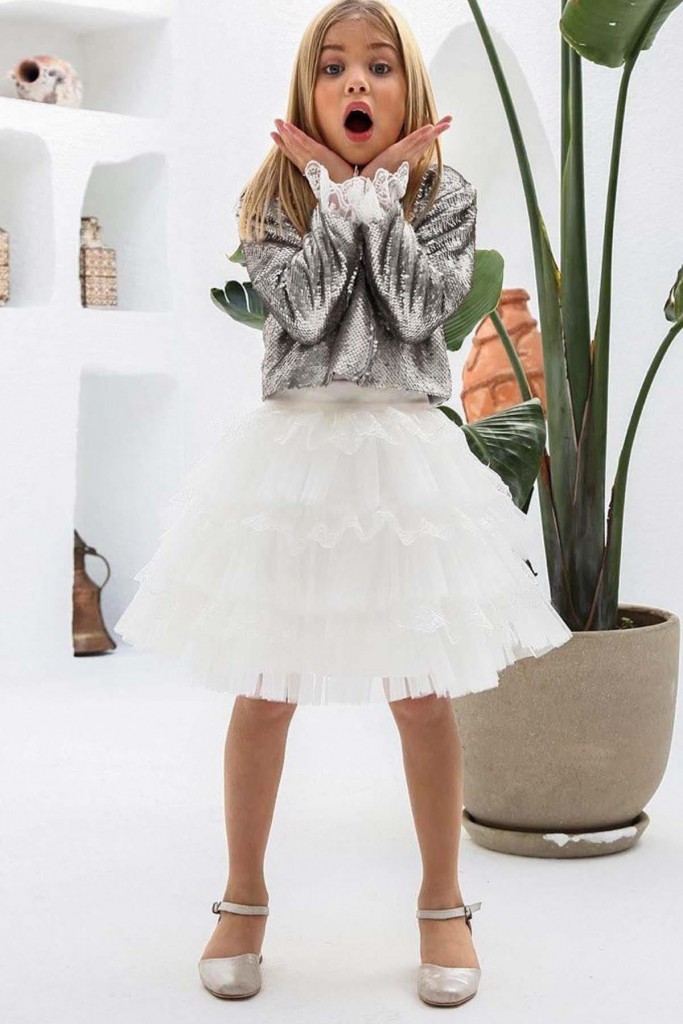 Kız Çocuk Kat Kat Tüllü Etek Ve Pulpayet Kaplamalı Gümüş Ceket Etekli Takım