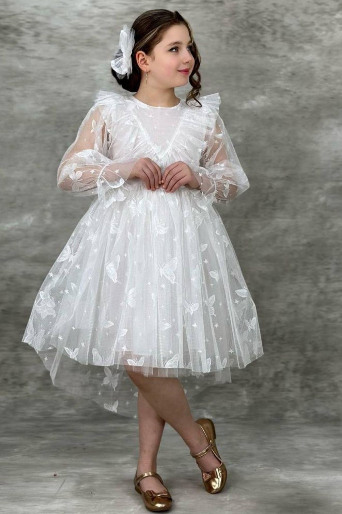 Kız Çocuk Kelebek Desenli Transparan Detaylı Kuyruklu Beyaz Elbise