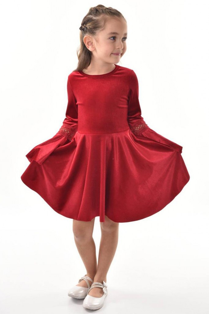 Kız Çocuk Kolları Güpür Detaylı İspanyol Paçalı Bordo Kadife Elbise 3-12Yaş