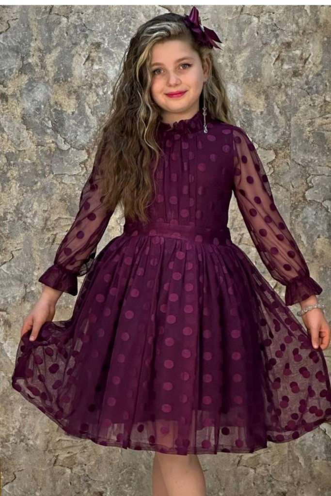Kız Çocuk Kolları Transparan, Puantiyeli Ve Kuşak Detaylı Mor Elbise