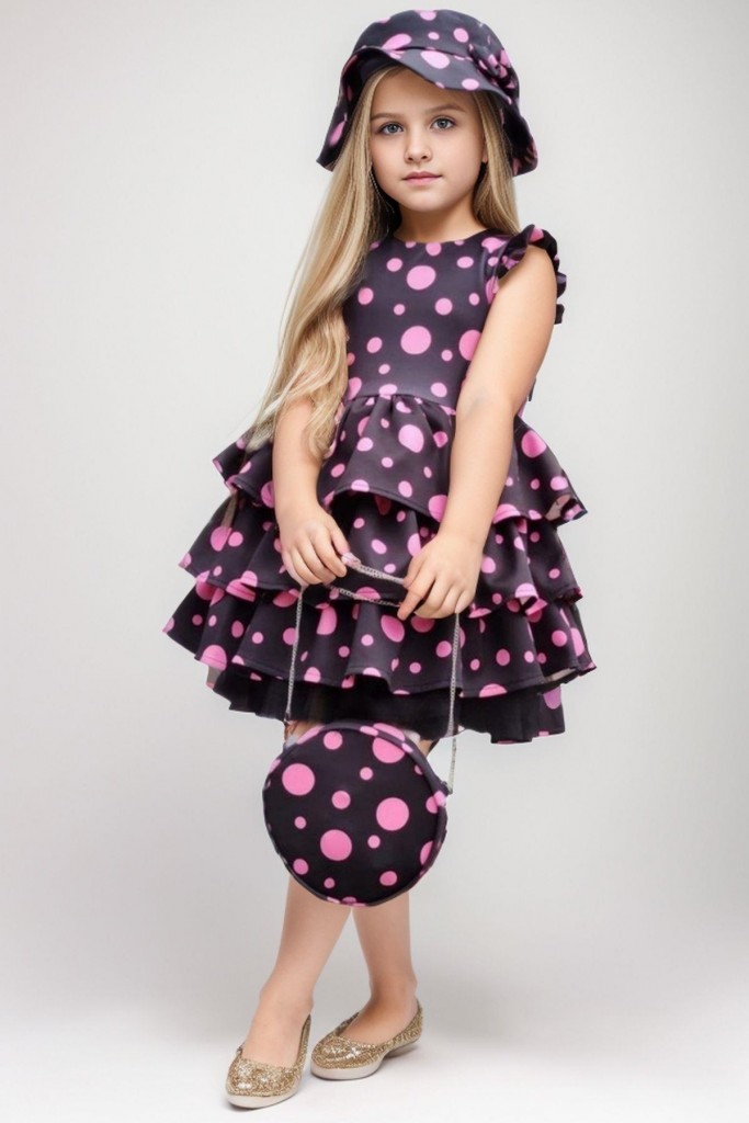 Kız Çocuk Kolları Ve Eteği Kat Kat Fırfırlı Üzeri Pembe Benekli Elbise