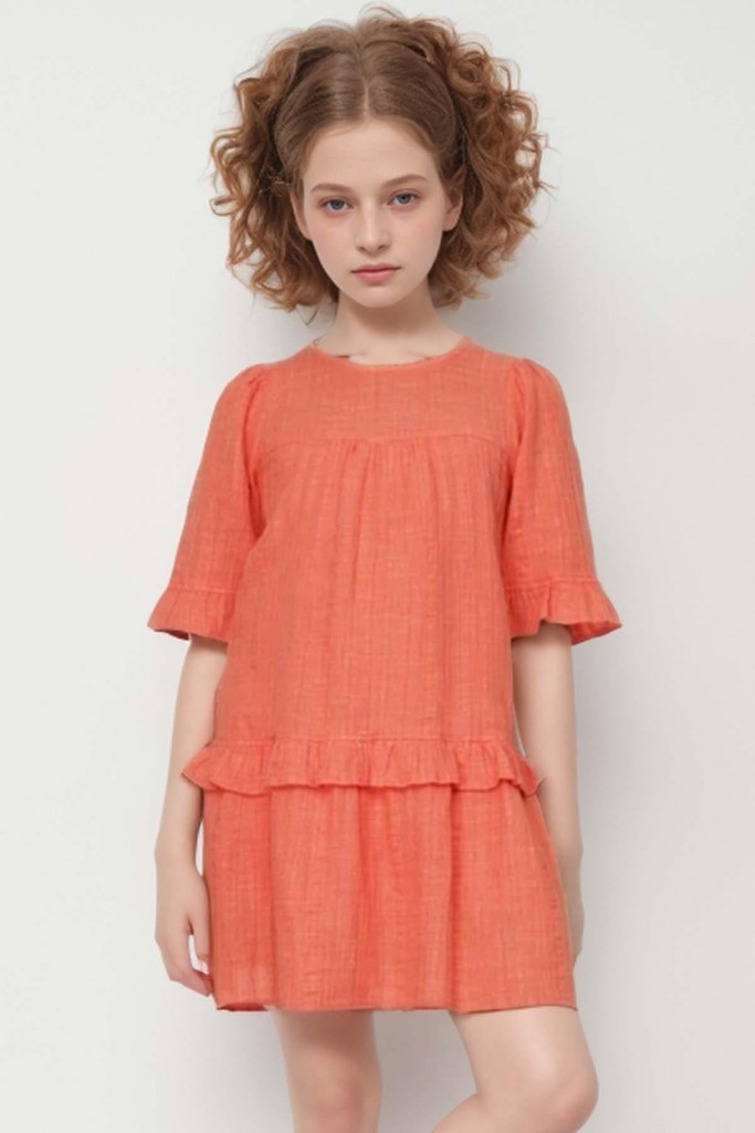 Kız Çocuk Kolu Lastikli Beli Fırfırlı Kiremit Elbise