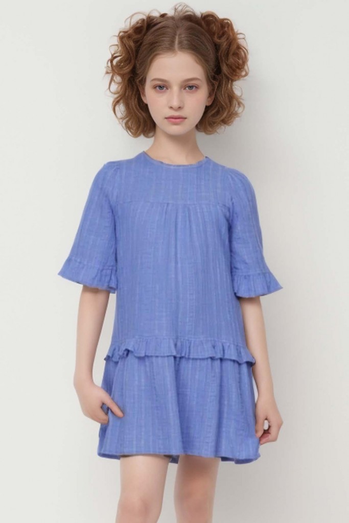 Kız Çocuk Kolu Lastikli Beli Fırfırlı Mavi Elbise