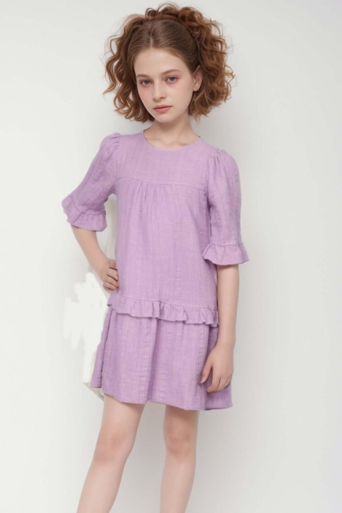 Kız Çocuk Kolu Lastikli Beli Fırfırlı Mor Elbise
