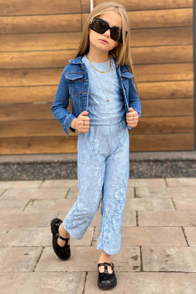 Kız Çocuk Kot Ceket Ve Boydan Üzeri Dantel İşlemeli Transparan İçi Astarlı Mavi Tulum