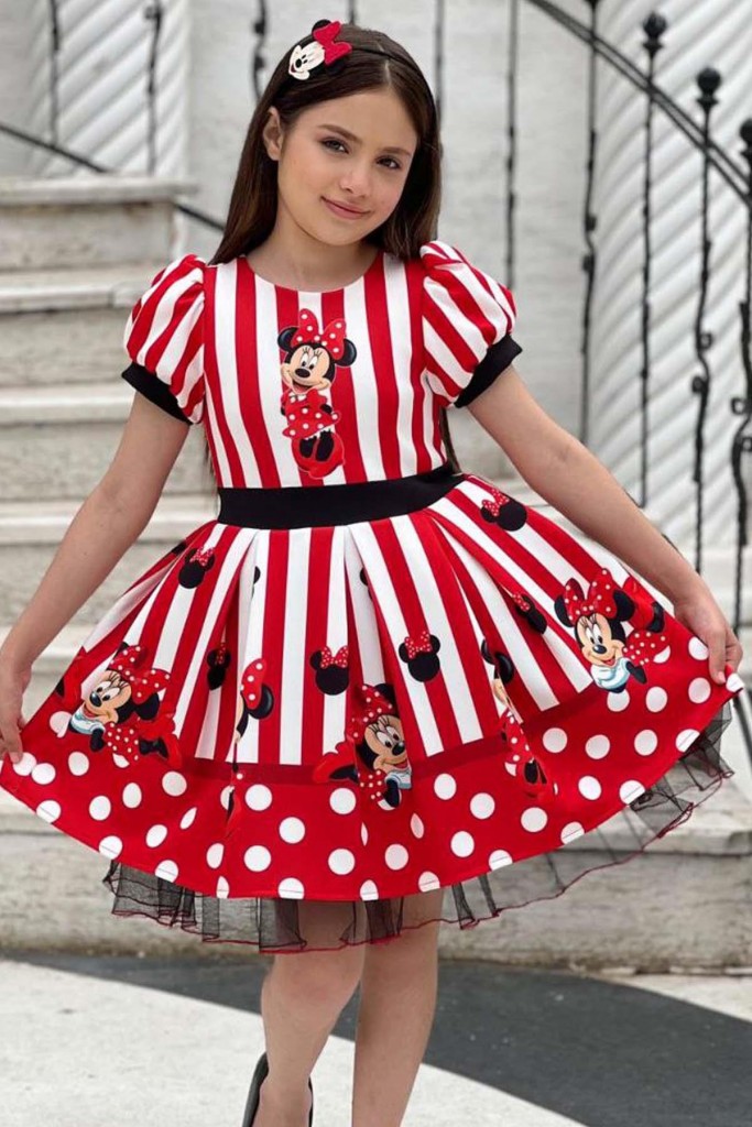 Kız Çocuk Mickey Baskılı Çizgi Detaylı Tüllü Kırmızı Elbise