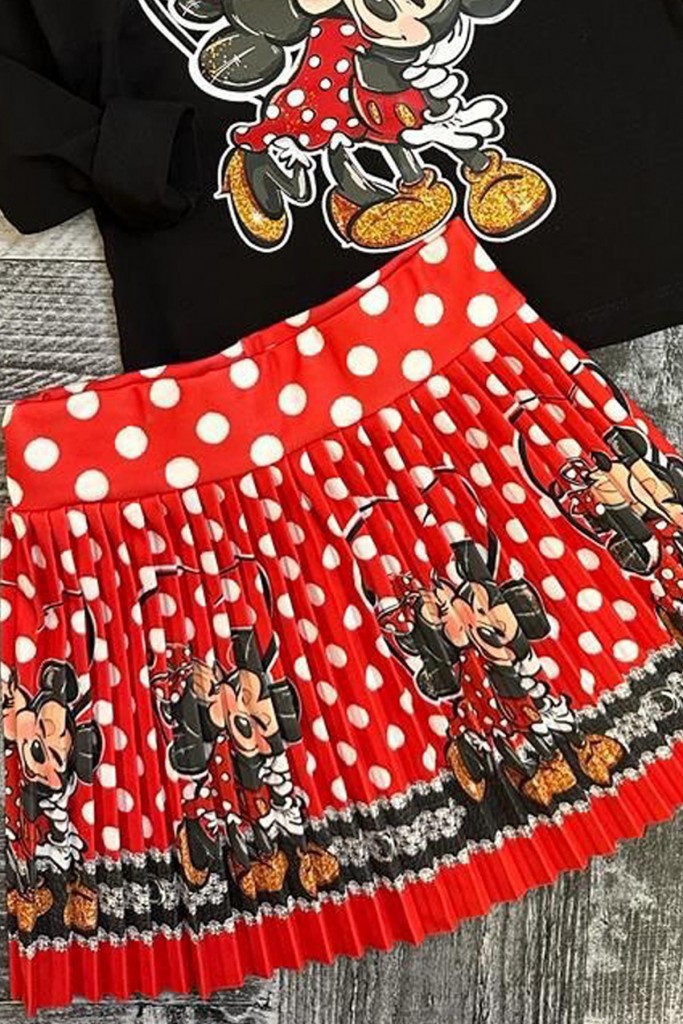Kız Çocuk Mickey Ve Minnie Mouse Baskılı Omzu Fırfırlı Eteği Pileli Siyah Etekli Takım