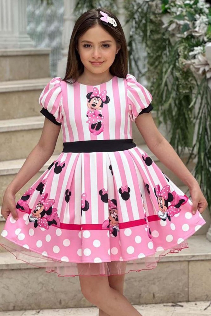 Kız Çocuk Minnie Baskılı Çizgi Detaylı Tüllü Pembe Elbise