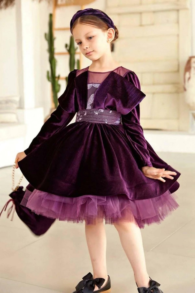 Kız Çocuk New Beli Yaprak İşlemeli Yakası Transparan Tüllü Mor Elbise