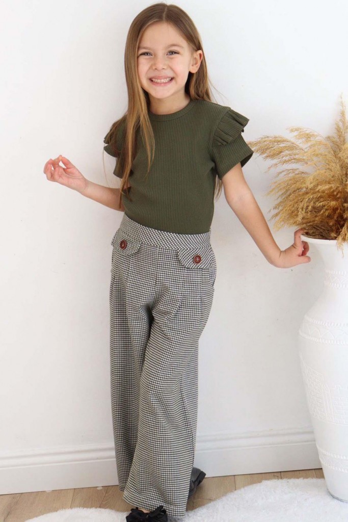Kız Çocuk Omzu Kat Fırfırlı Bluz Fitilli Dokuma Kareli Bol Paça Haki Pantolon Alt Üst Takım