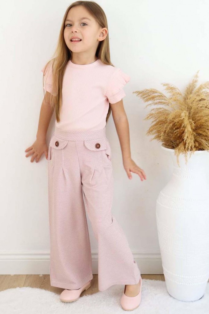 Kız Çocuk Omzu Kat Fırfırlı Bluz Fitilli Dokuma Kareli Bol Paça Pudra Pantolon Alt Üst Takım