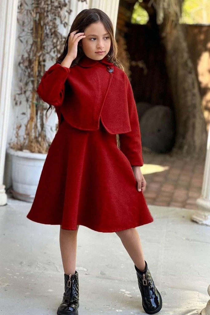 Kız Çocuk Önü Düğme Ve Yandan Fermuar Detaylı Kolsuz Kaşe Kırmızı Elbise