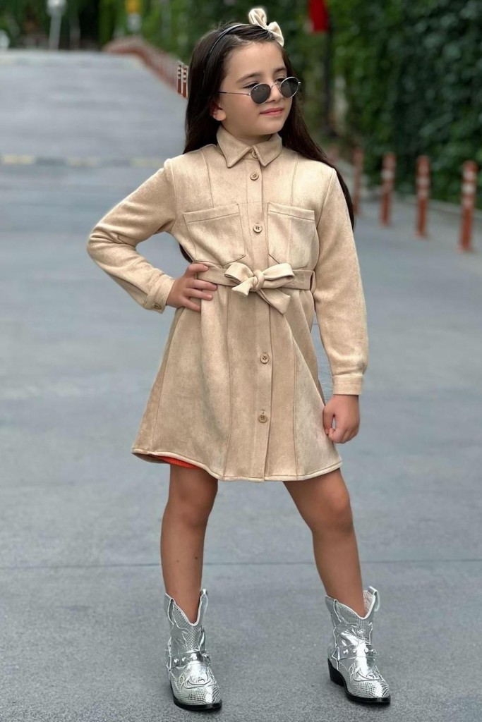Kız Çocuk Önü Düğmeli Çift Cep Detaylı Nubuk Ceketli Turuncu Elbise
