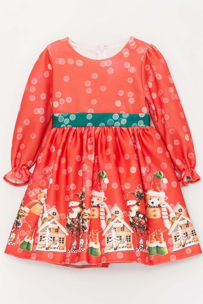 Kız Çocuk Puantiyeli Ayıcıklı Noel Baskılı Kırmzı Elbise