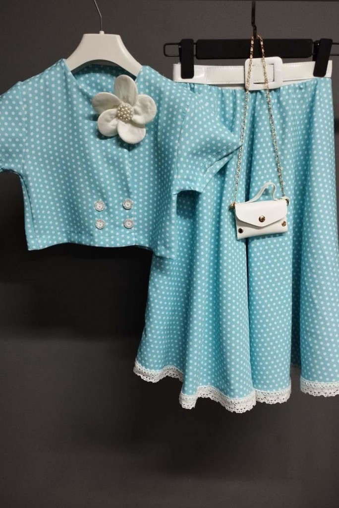 Kız Çocuk Puantiyeli Düğme Detaylı Mavi Etekli Takım