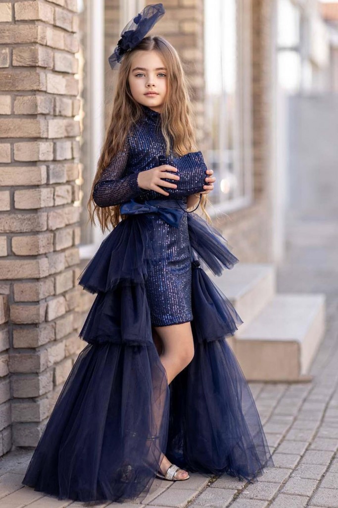 Kız Çocuk Pulpayet Işlemeli Tek Omuzlu Kuyruklu Lacivert Elbise