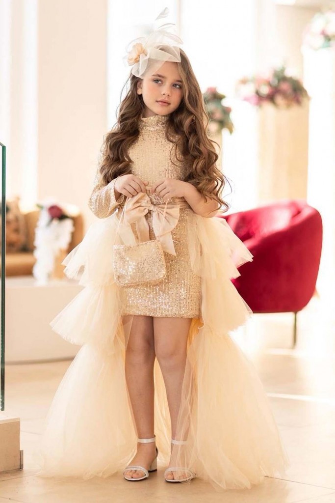 Kız Çocuk Pulpayet Işlemeli Tek Omuzlu Kuyruklu Somon Elbise