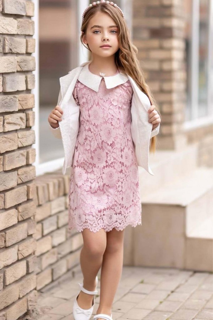 Kız Çocuk Sahte Cepli Blazer Ceket Dantelli Çiçek Işlemeli Bebe Yakalı Pembe Elbise