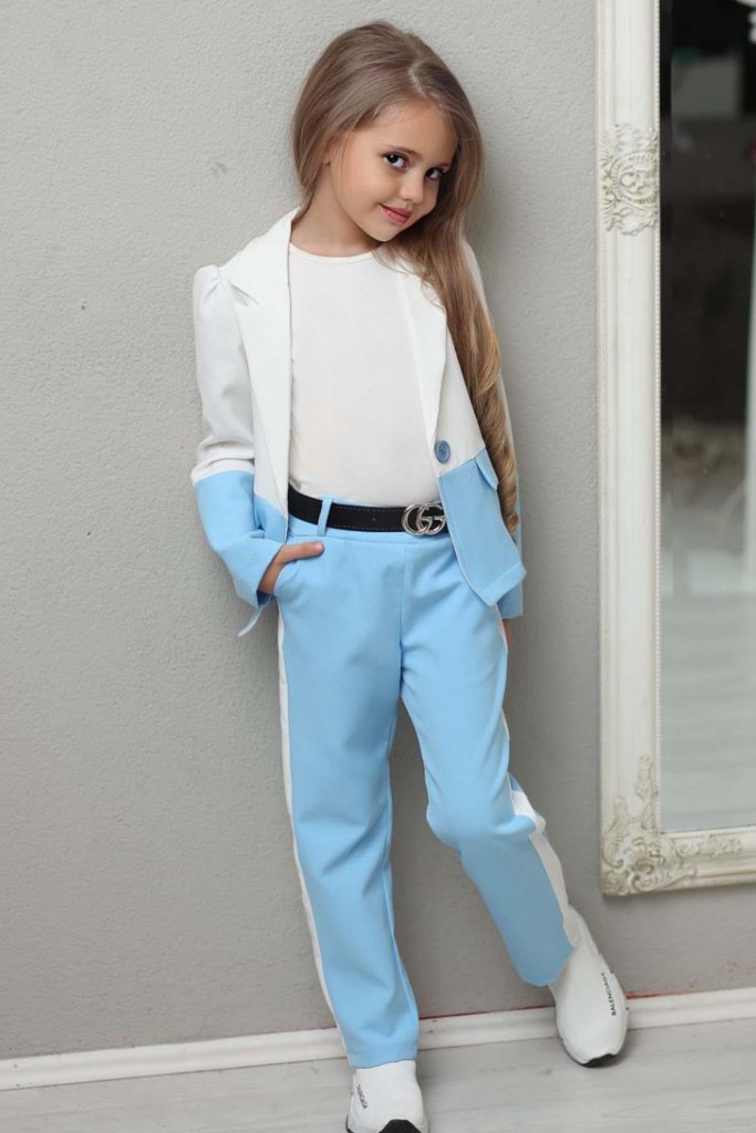 Kız Çocuk Sahte Cepli Çift Renkli Blazer Ceket Ve Şerit Detaylı Pantolon Alt Üst Takım