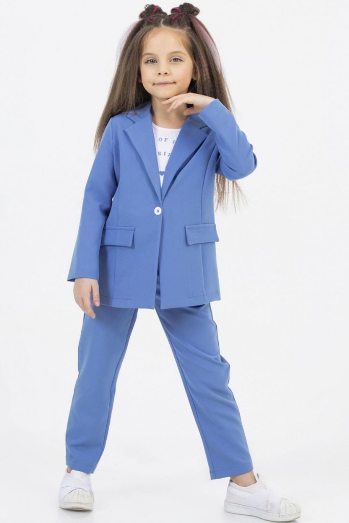 Kız Çocuk Sevimli Baskı Detaylı Fitilli Bluz Kaşkorse Blazer Ceket Mavi Alt Üst Takım