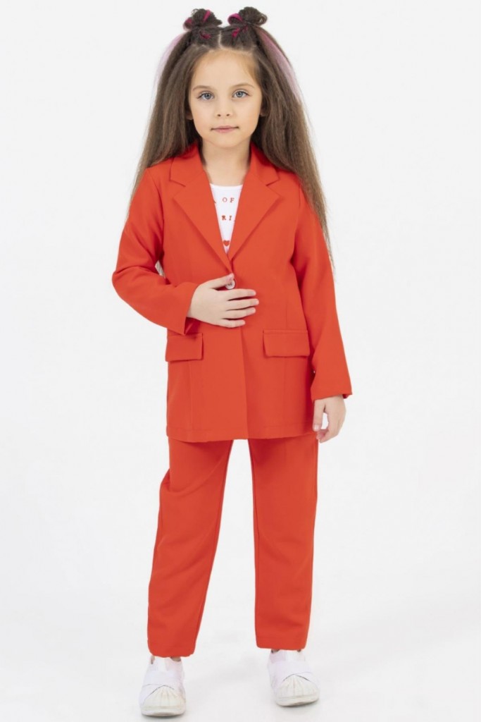 Kız Çocuk Sevimli Baskı Detaylı Fitilli Bluz Kaşkorse Blazer Ceket Turuncu Alt Üst Takım