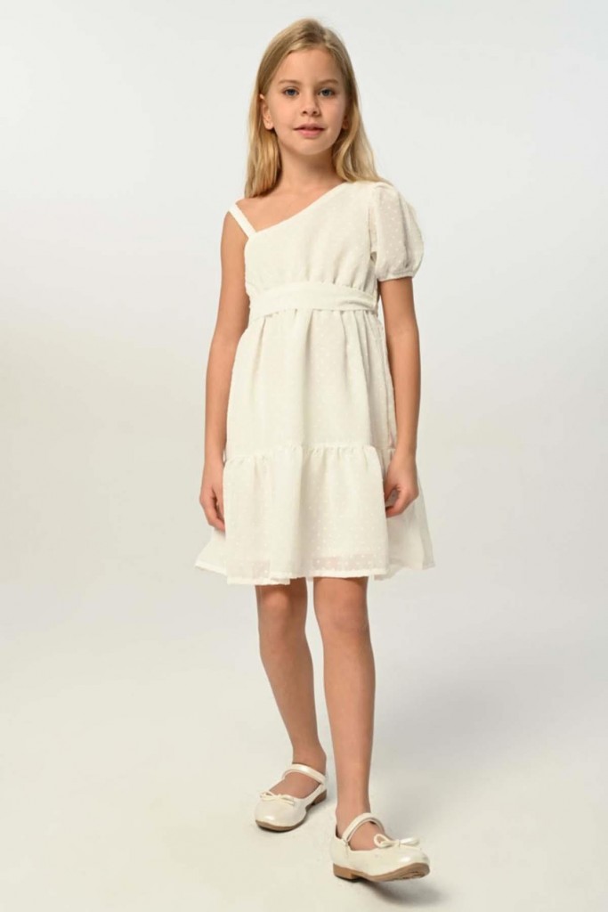 Kız Çocuk Tek Omuzlu Kemer Detaylı Beyaz Şifon Elbise