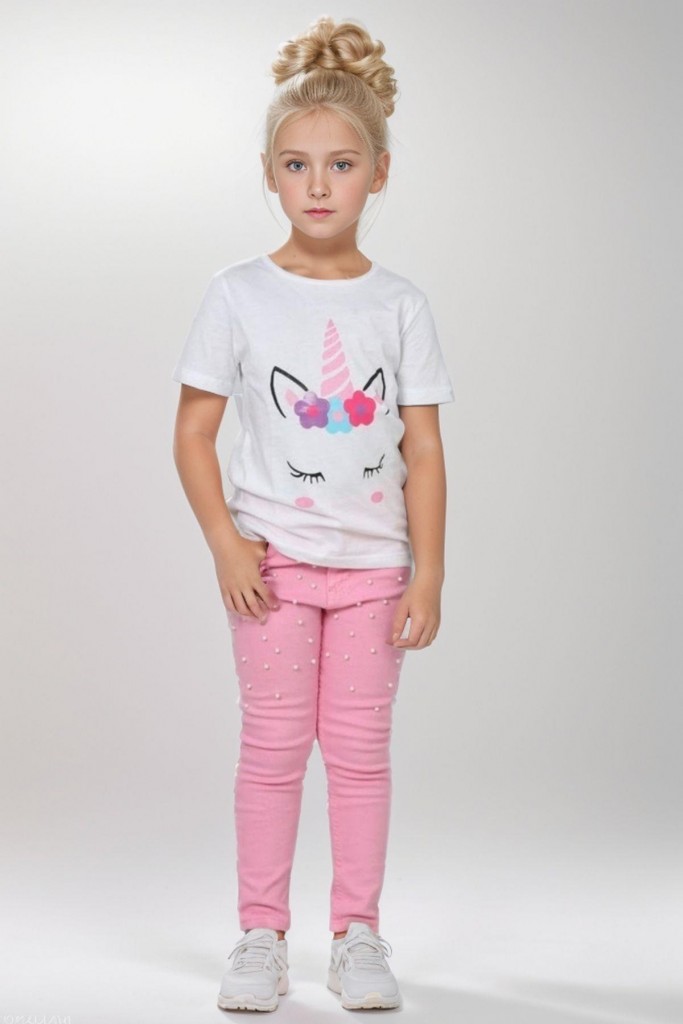 Kız Çocuk Unicorn Baskılı Tişört Boncuk İşlemeli Pembe Pantolon Alt Üst Takım