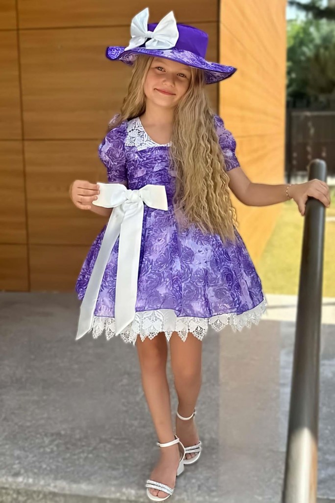 Kız Çocuk Üzeri Gül Baskılı Yakası Ve Etek Ucu Dantel İşlemeli Mor Elbise