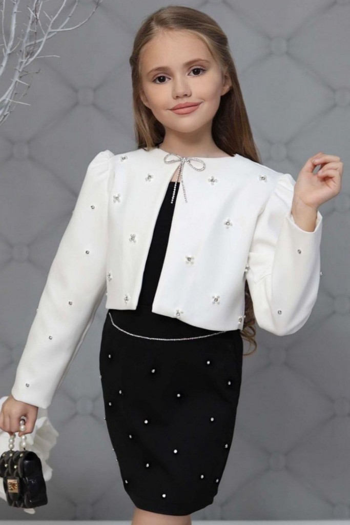 Kız Çocuk Üzeri Taş İşlemeli Etek Askılı Penye Bluz Ve Beyaz Blazer Ceket Etekli Takım
