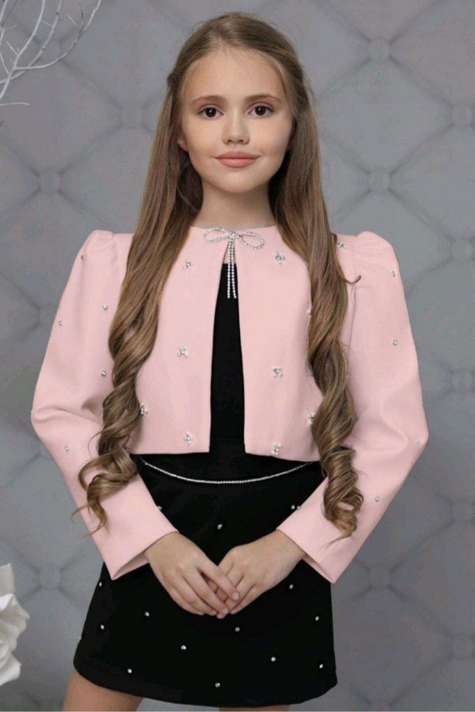 Kız Çocuk Üzeri Taş İşlemeli Etek Askılı Penye Bluz Ve Pudra Blazer Ceket Etekli Takım