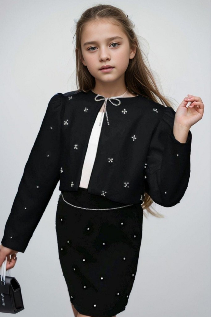 Kız Çocuk Üzeri Taş İşlemeli Etek Askılı Penye Bluz Ve Siyah Blazer Ceket Etekli Takım