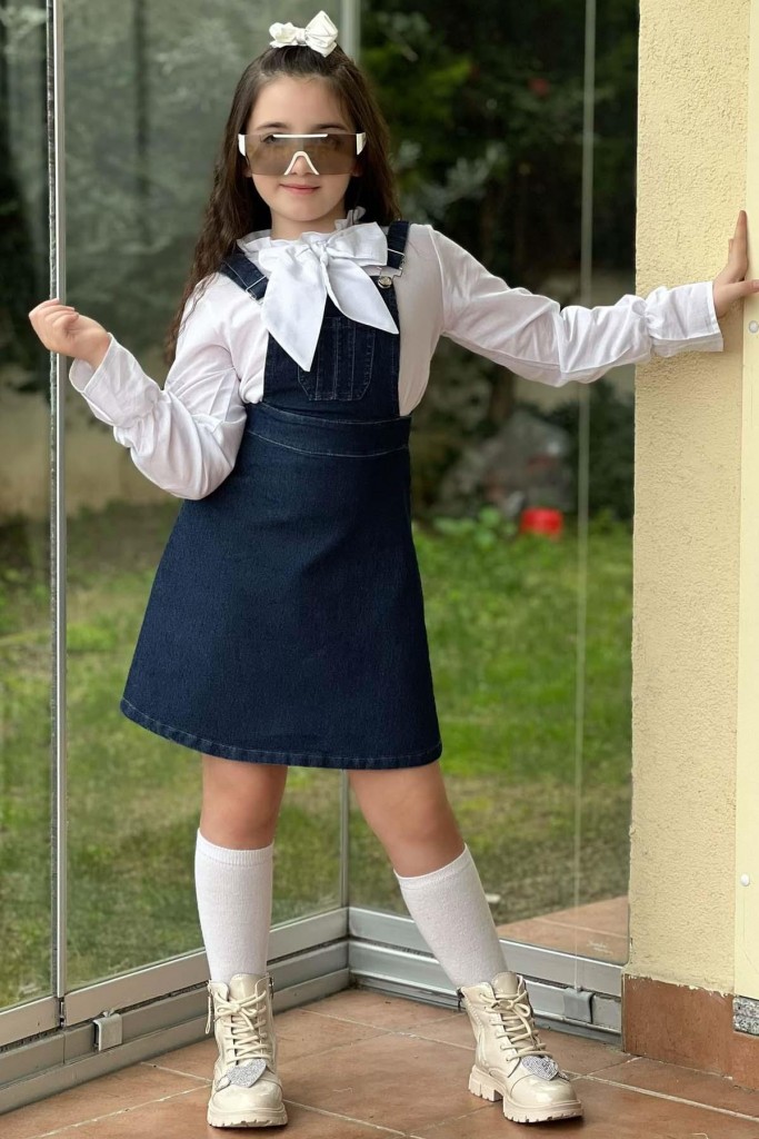 Kız Çocuk Yakası Fırfırlı Ve Fiyonk Detaylı Bluz Jean Lacivert Salopet Takım
