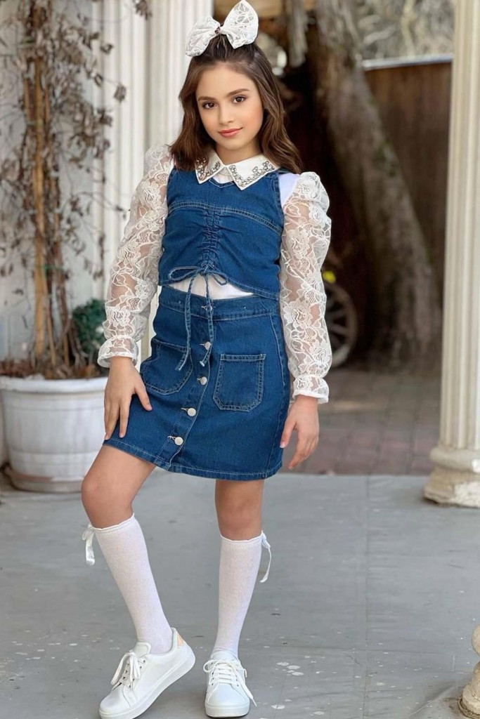 Kız Çocuk Yakası Taş İşlemeli Dantelli Bluz Mavi Jean Jile Etekli Takım