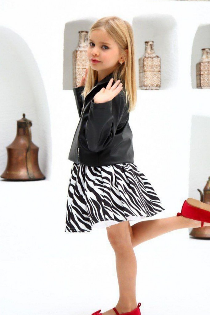 Kız Çocuk Zebra Desenli Etek Ve Deri Ceketli Siyah Etekli Takım