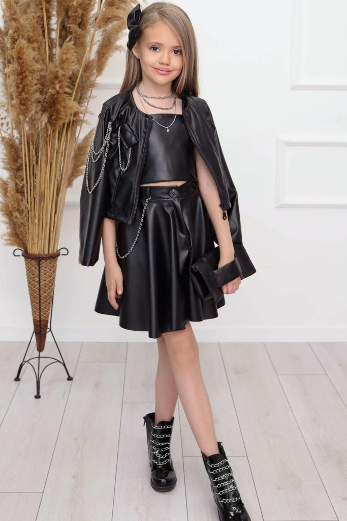 Kız Çocuk Zincir Detaylı Ceket Beli Manşetli Etek Ve Croplu Siyah Etekli Takım