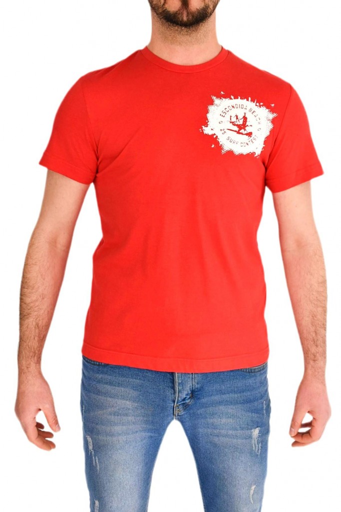 Erkek Kırmızı Baskılı Sıfır Yaka Tişört M0512