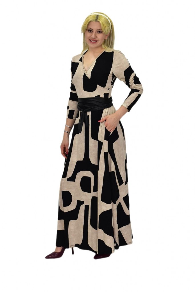 Kadın Bej Rengi Küp Desenli V Yaka Elbise Bgl-St03544