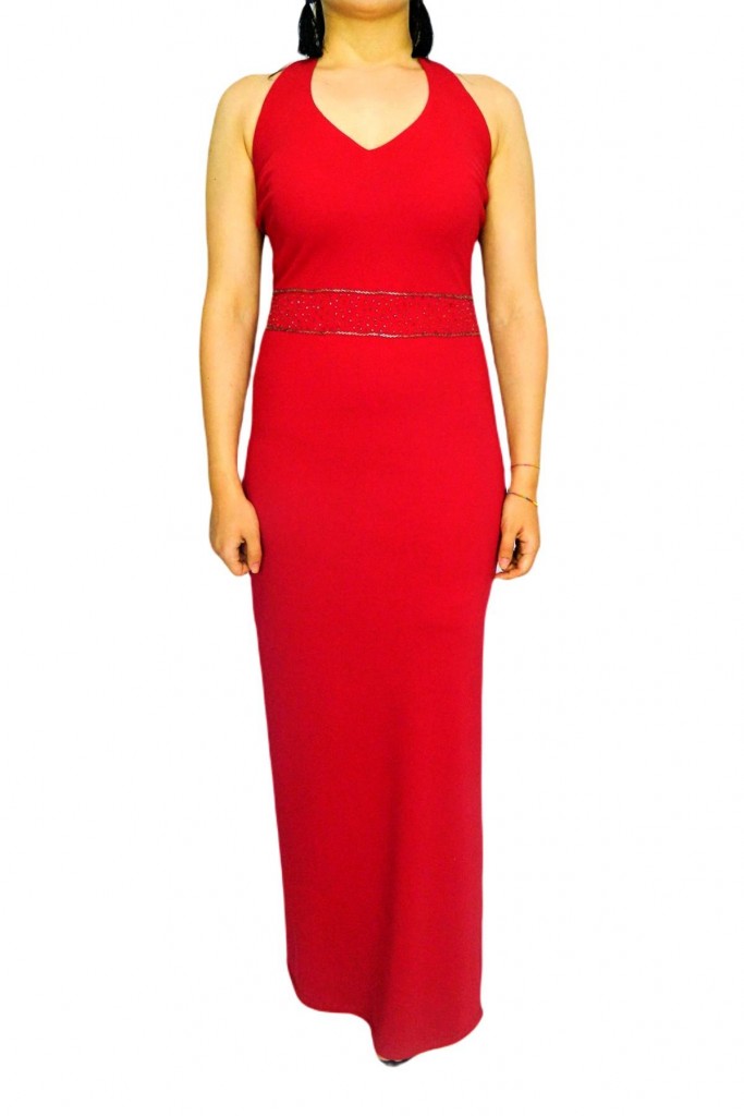 Kadın Kırmızı Beli İşli Abiye Elbise Rs2134