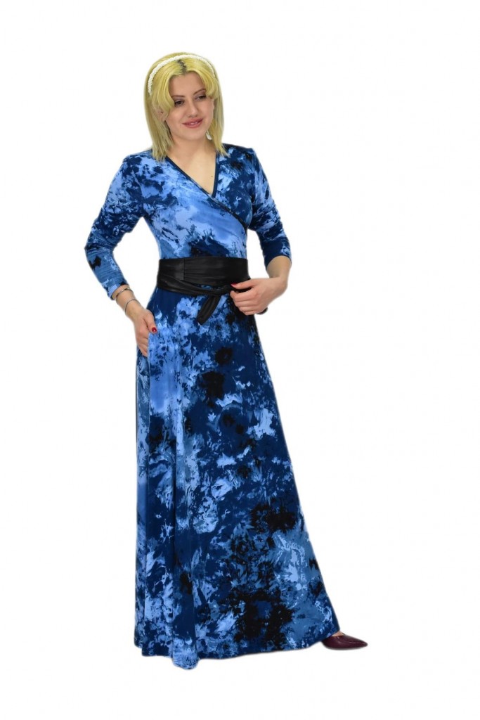 Kadın Mavi Desenli V Yaka Elbise Bgl-St03543