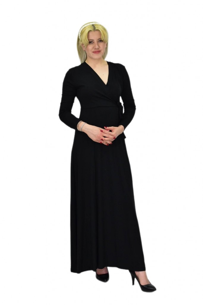 Kadın Viskon Siyah V Yaka Elbise Bgl-St03540