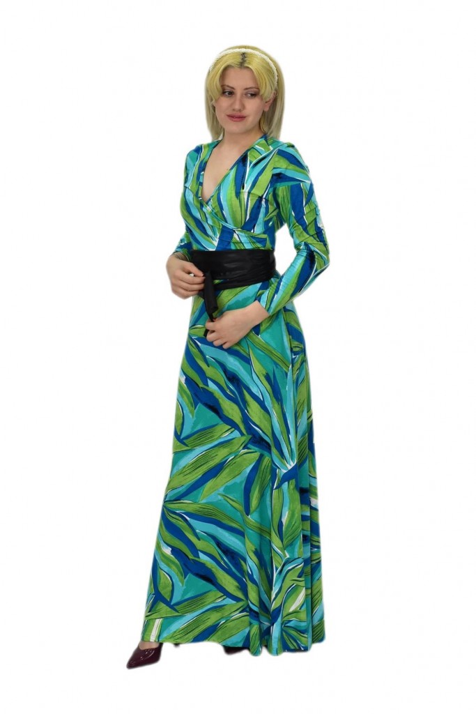 Kadın Yeşil Çiçek Desenli V Yaka Elbise Bgl-St03545