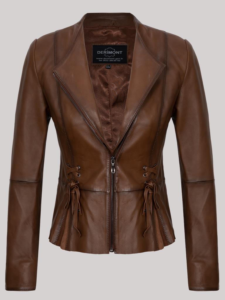 Hakiki Deri Kahverengi Bel Detay İşlemeli Fermuarlı Kadın Deri Ceket