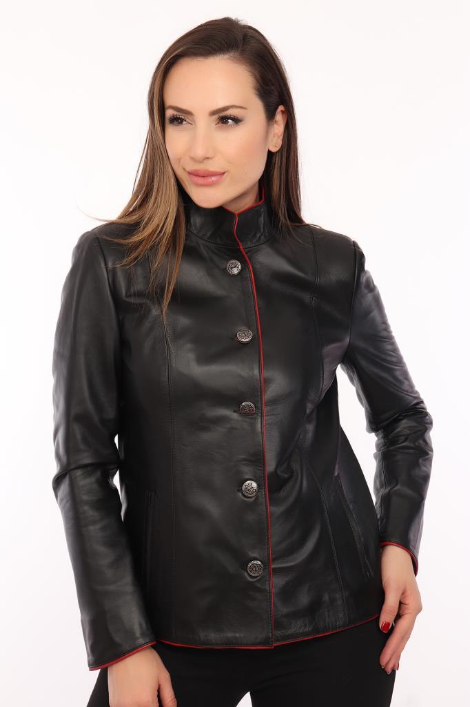 Hakiki Deri Siyah Düğmeli Milano Kadın Ceket