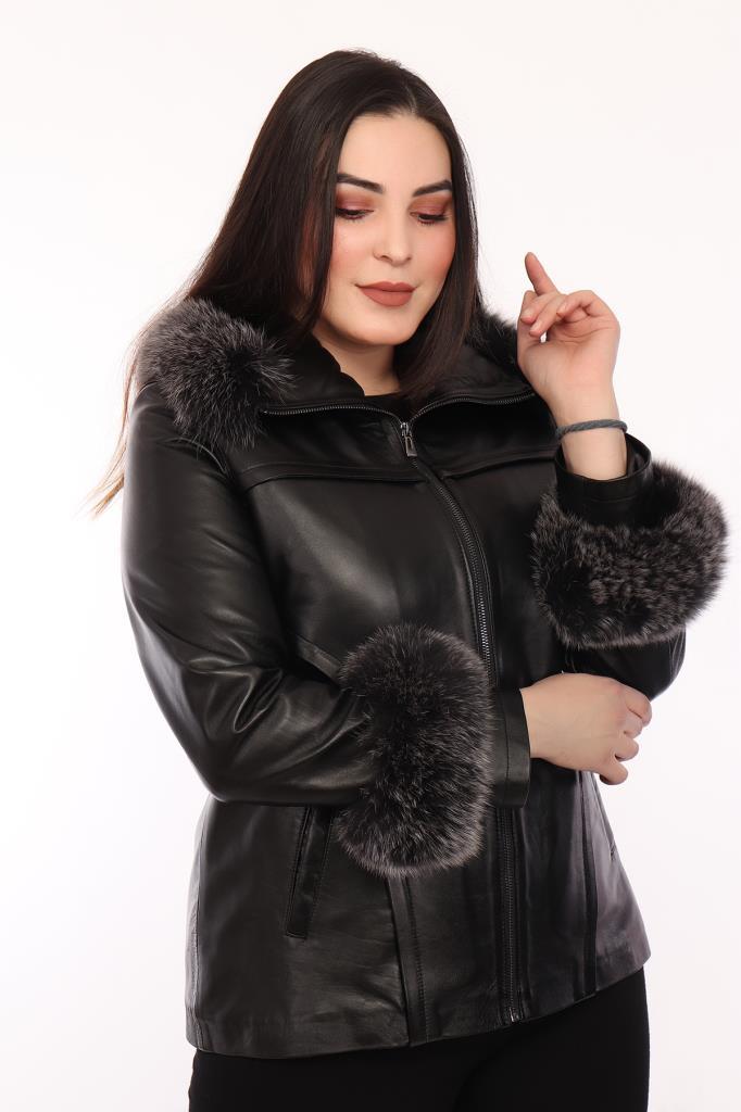 Hakiki Deri Siyah Kol Omuz Kürklü Roxana Kadın Ceket